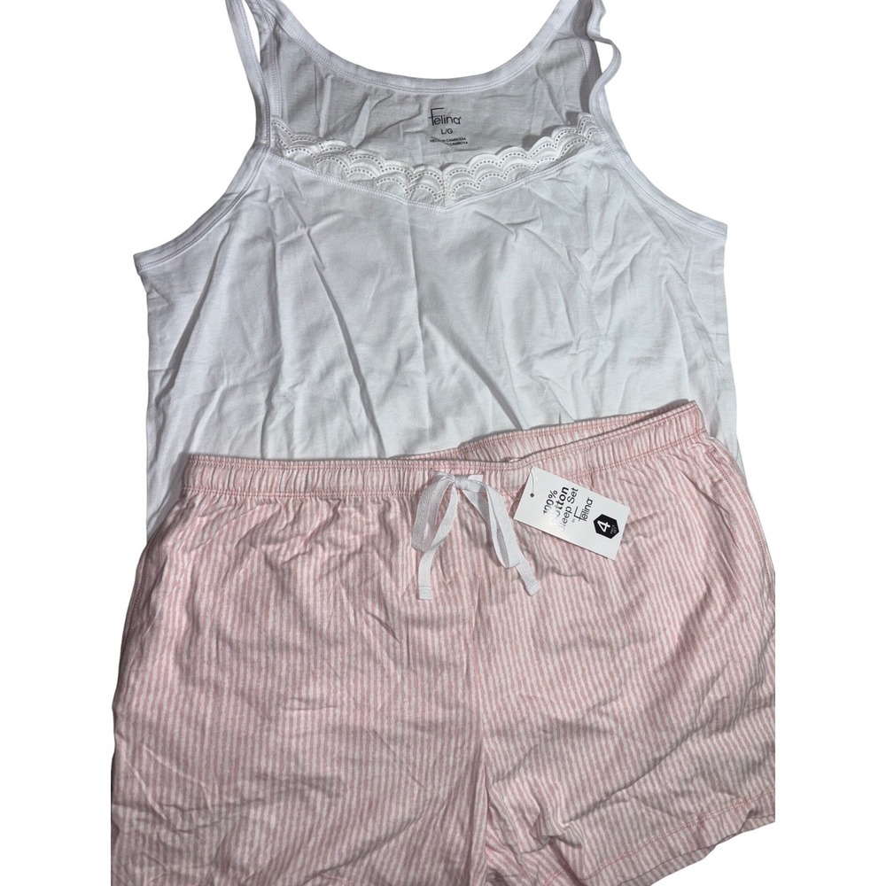 NWT Felina Womens L 100% Cotton Pajama Set White Tank Pink Striped Shorts Cozy